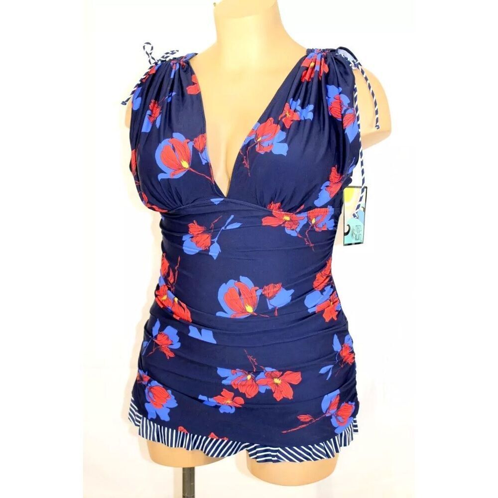 Mazu Swim Grecian Skater Ruched One Piece Swimdress blue and red floral stripe s